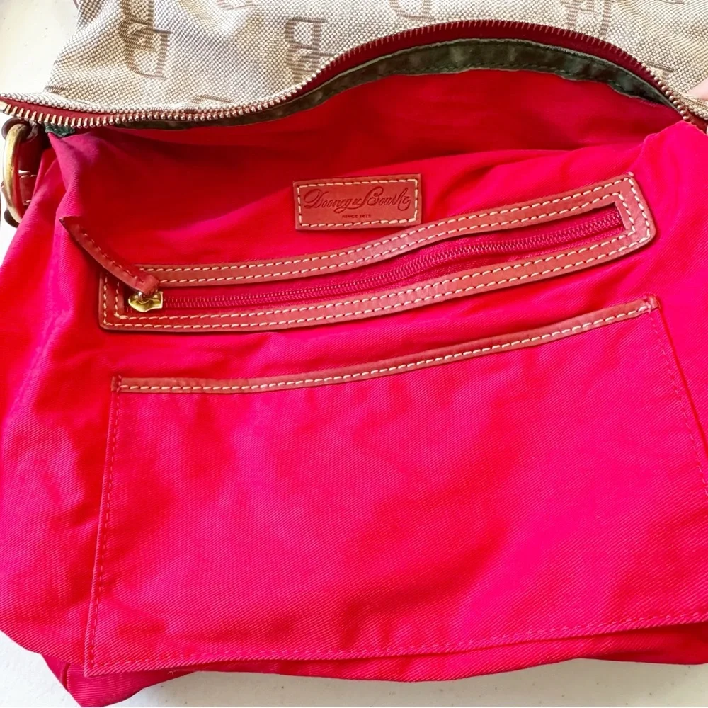 Dooney & Bourke Jacquard Logo Cream Red Tassel Hobo Bag